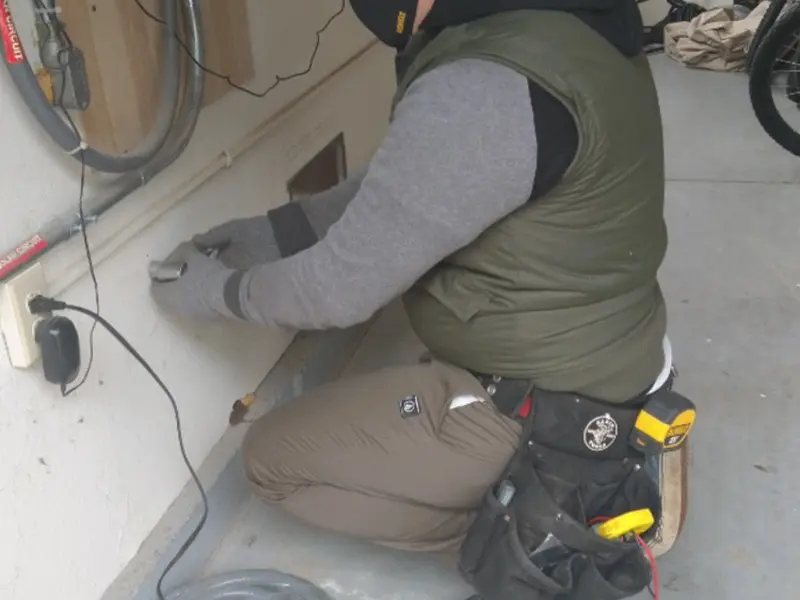 Electrician performing outlet wiring in a Rio Bravo garage